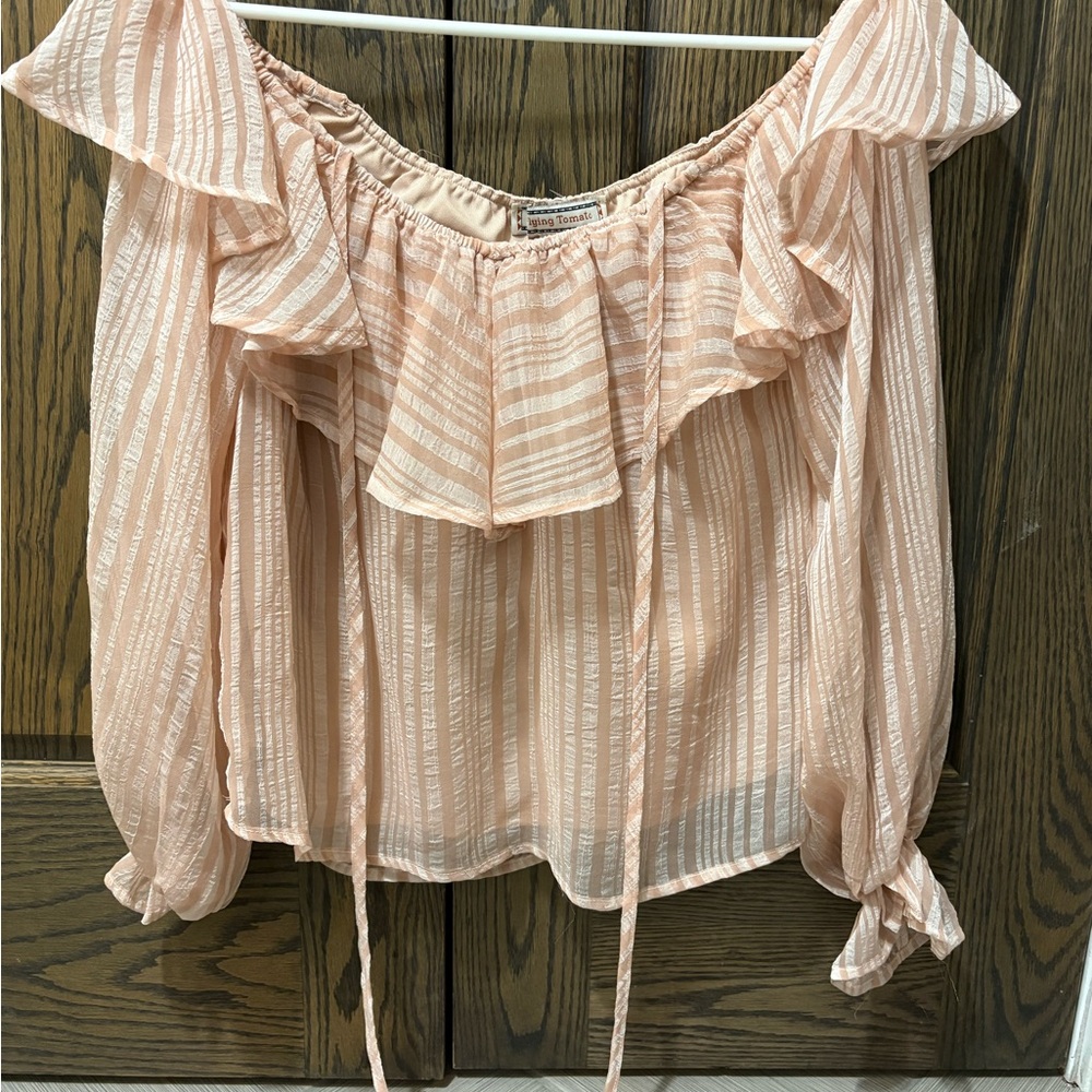 Flying Tomato Peach Striped Ruffle Blouse